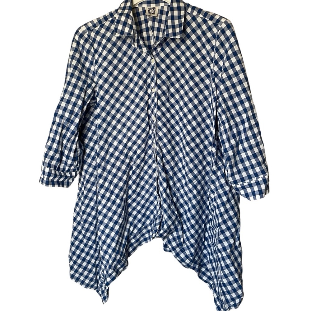 Anne Klein Blue and White Checkered Lagenlook‎ Shirt, L/XL